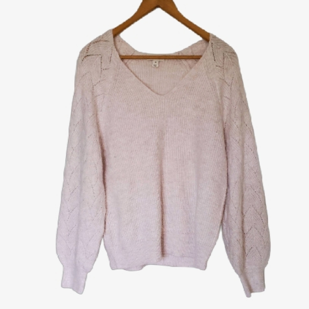 Soft Pink V-Neck Sweater Bishop Balloon Sleeve Pullover Knit Top Shirt On 34th